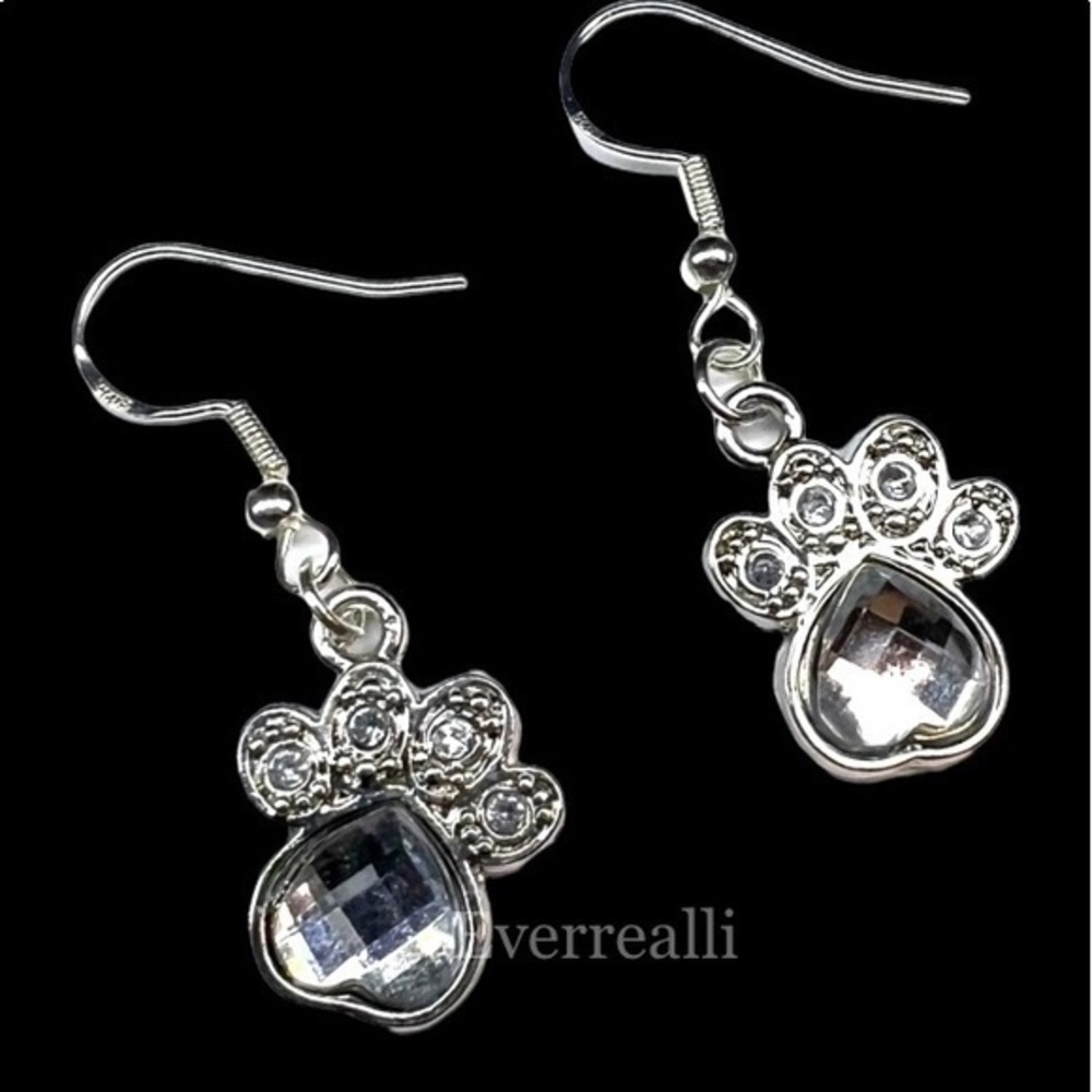 925 stamped Paw Print dangle hook Earrings brand new